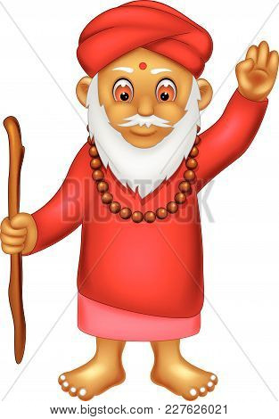 Cute Indian Man Cartoon Standing Bring Stick With Laughing And Waving