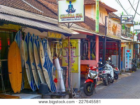 Kuta, Bali Island, Indonesia - Jan 28, 2017: Street With Local Touristic Shops In Kuta. Kuta Is The 
