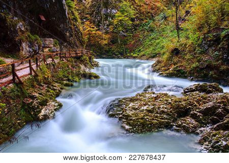 Wonderful Vintgar Gorge Canyon At Curlicue River And Beautiful Autumn Colors And Close To Lake Bled 