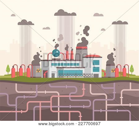 Plant With Underground Pipes - Modern Flat Design Style Vector Illustration. A Composition With A Bi