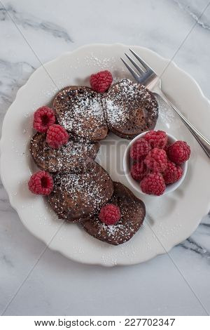 Home Made Chocolate Pancakes With  Fresh Raspeberries