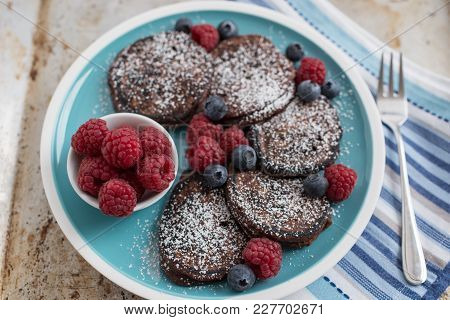 Home Made Chocolate Pancakes With  Fresh Raspeberries