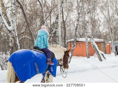 Little Girl Riding A Horse In The Winter In The Park, Fun For Children.