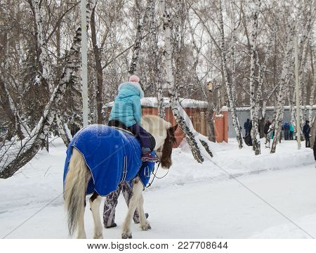 Little Girl Riding A Horse In The Winter In The Park, Fun For Children.