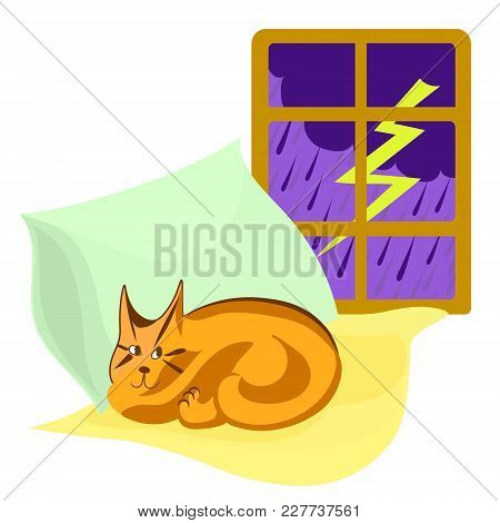 Thunderstorm Outside The Window, Cat Sleeps On Yellow And Green Pillows. Vector Cartoon Color Image.