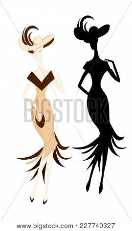 Fashion Woman With Brown Feathers On Hat And Sand Dress. Color And Silhouette Vector Image.
