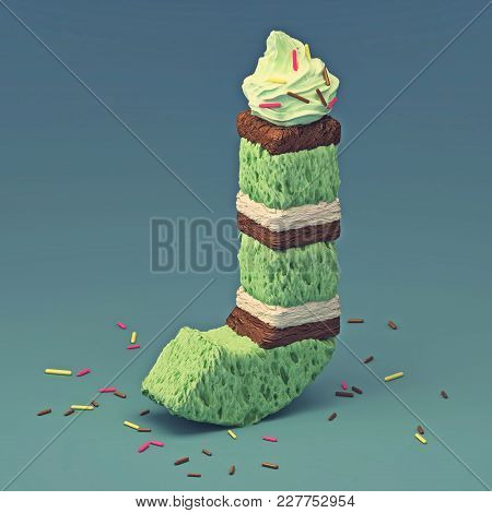 3D Rendering Of Delicious Letter With Cream And Chocolate. Cake Font Letter