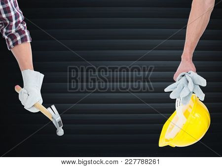 Digital composite of Hand with hammer and hand with tellow hat in front of blind
