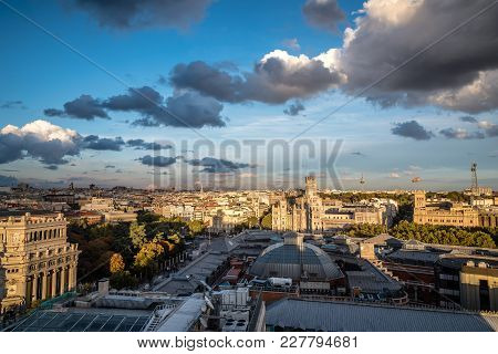 Madrid, Spain - November 3, 2017:  Skyline Of Madrid City Centre From Circulo De Bellas Artes Roofto