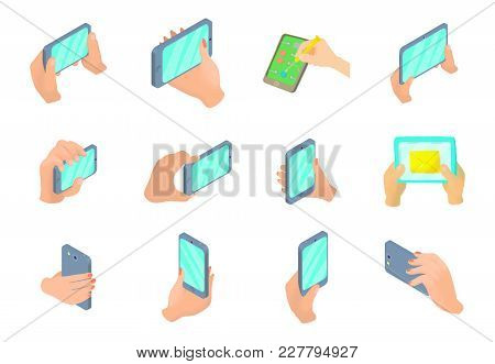 Smartphone In Hand Icon Set. Cartoon Set Of Smartphone In Hand Vector Icons For Web Design Isolated 