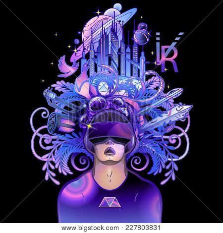 Graphic Man With Open Mouth Wearing Virtual Reality Headset With Fantastic Cyber World On The Backgr