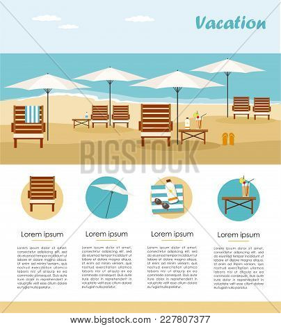 Summer Vacation And Tourism. Chaise Lounge And Umbrella On Beach. Infographic
