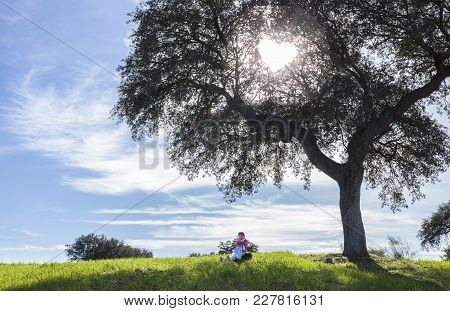 Little Girl And Her Doll Sitting  Under Acorn Tree. Maternal Instinct For Children Concept