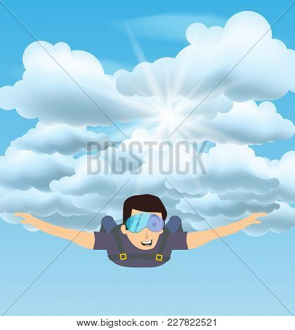 Skydiver Man Flying In The Blue Cloudy Sky. Vector Character Illustration In Flat Style. Sky Diving 
