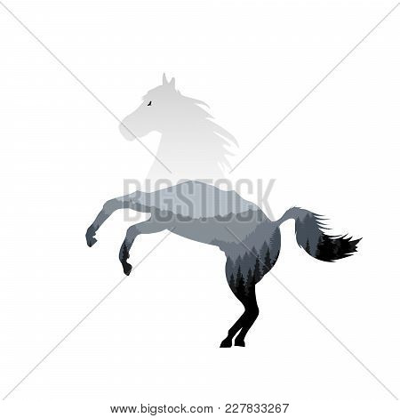 Silhouette Of Running Horse With Mountain Landscape. Grey Tones.