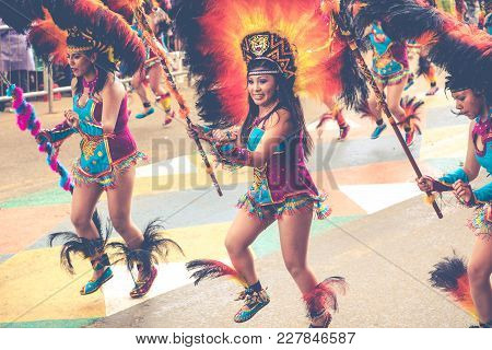 Oruro, Bolivia - February 10, 2018: Dancers At Oruro Carnival In Bolivia, Declared Unesco Cultural W