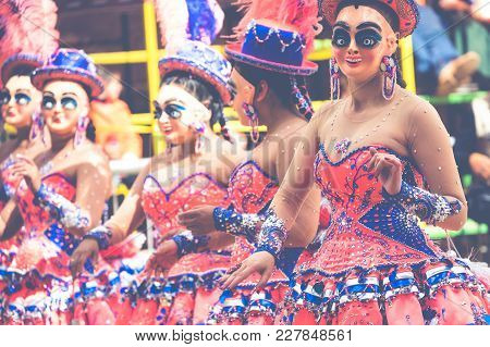 Oruro, Bolivia - February 10, 2018: Dancers At Oruro Carnival In Bolivia, Declared Unesco Cultural W