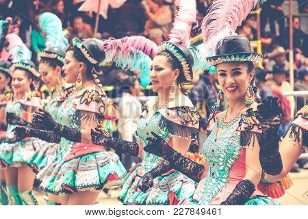 Oruro, Bolivia - February 10, 2018: Dancers At Oruro Carnival In Bolivia, Declared Unesco Cultural W