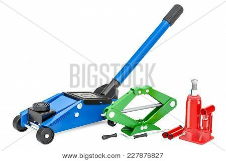 Hydraulic Floor Jack, Hydraulic Bottle Jack And Scissor Jack. 3d Rendering