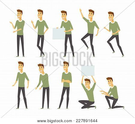 Young Handsome Man - Vector Cartoon People Character Set Isolated On White Background. Person In Gre