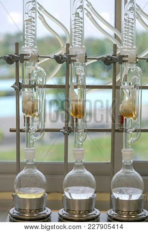 Soxhlet Extractor.percolator-boiler And Reflux,distillation Flask On Heating Element.organic Chemist