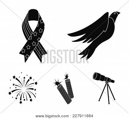 American Eagle, Ribbon, Salute. The Patriot's Day Set Collection Icons In Black Style Vector Symbol 
