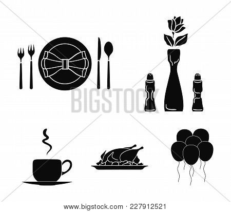 Vase With A Flower, Table Setting, Fried Chicken With Garnish, A Cup Of Coffee.restaurant Set Collec