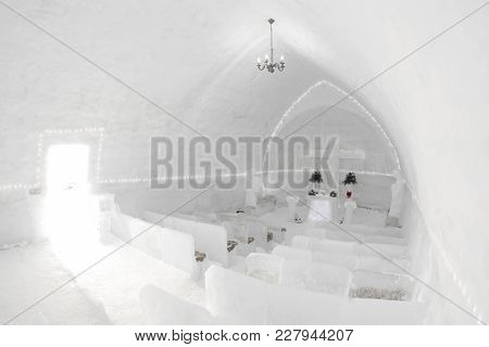 ICE HOTEL - BALEA LAKE ROMANIA - FEBRUARY 18 2017: The famous ice hotel on the frozen Balea lake in Fagaras Mountains, Transylvania, Romania, Europe