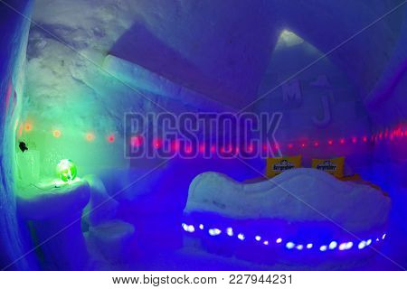 ICE HOTEL - BALEA LAKE ROMANIA - FEBRUARY 18 2017: The famous ice hotel on the frozen Balea lake in Fagaras Mountains, Transylvania, Romania, Europe