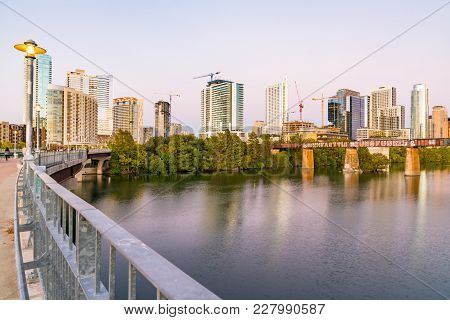 Austin, Tx - October 28, 2017: Skyline Of Austin, Texas From The Pfluger Pedestrian Bridge
