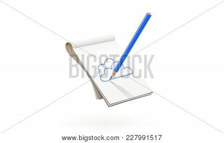 Blue Pencil Draw Cloud At Art Album. Art Tool For Drawing Sketch And Picture. Isolated White Backgro