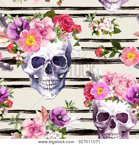 Human Skulls With Flowers, Featrhers. Floral Seamless Pattern With Black Stripes. Watercolor For Dia