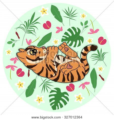 Cute Tiger Kitten With Abstract Tropical Flowers, Leaves And Plants On Green Background, Cartoon Dra