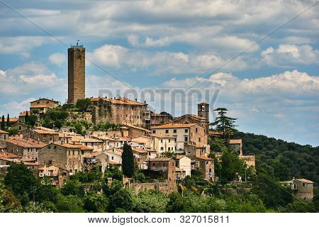 Brick, Medieval Tower And Belfry Of The City Of Pereta In Tuscany