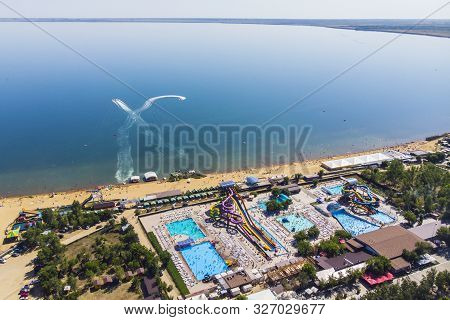 View From The Top Of The City Resort By The Salt Lake. Aerial View Of The City And The Lake Called Y