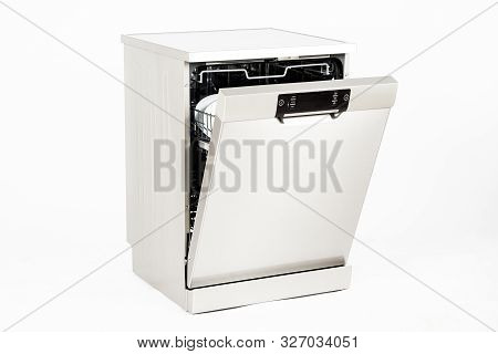 Modern European Freestanding Dishwasher Machine Isolated On White Background