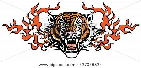 Head Of Roaring Tiger In Tongues Of Flame. Angry Wild Big Cat. Front View. Tribal Tattoo Style Vecto