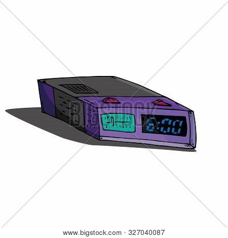 Clock With Radio. Vector Illustration Of A Digital Alarm Clock With Radio 6:00 Am. Hand Drawn Alarm 
