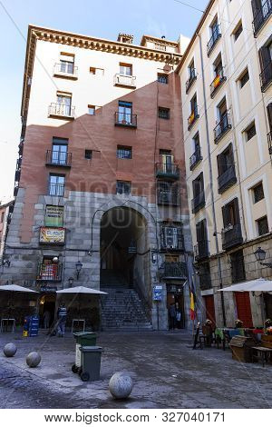 Madrid, Spain - January 22, 2018: View Of Cuchilleros Arch In City Of Madrid, Spain