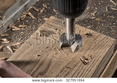 Drilling Of Oak Wood With A Forstner Drill