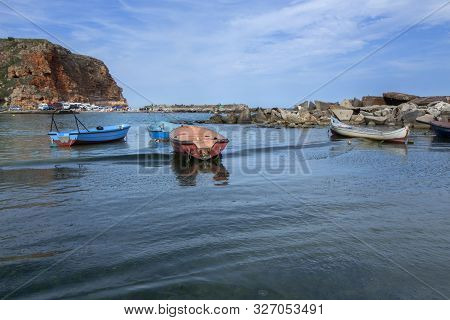 Seascape With Boats. Bolata Beach, Northern Black Sea Coast, Bulgaria.