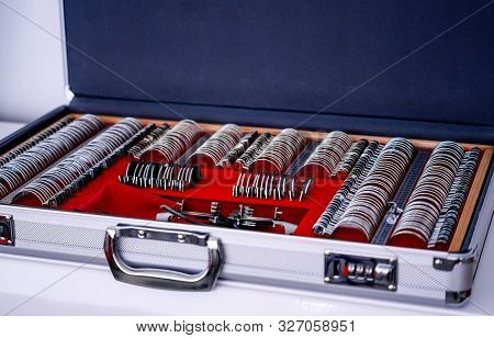 Opthalmology Test Box. The Universal-messbrille Tool Of The Optometrists And Oculists. Set Of Dioptr