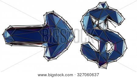 Symbol collection arrow and dollar made of 3d render blue color. Collection of low polly style symbol isolated on white background