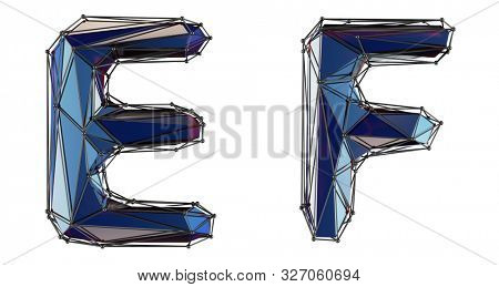Letter set E, F made of realistic 3d render blue color. Collection of low polly style alphabet isolated on white background 3d