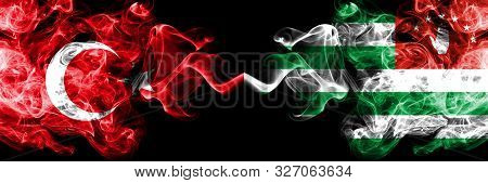 Turkey Vs Abkhazia, Abkhazian Smoke Flags Placed Side By Side. Thick Colored Silky Smoke Flags Of Tu