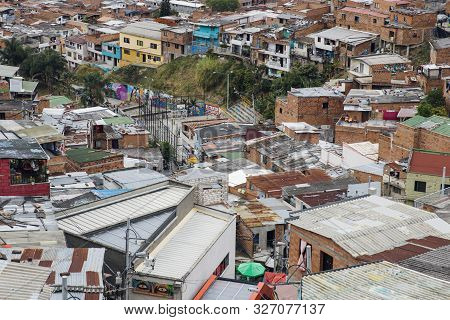 Over View At Houses On The Hills Of Comuna 13 In Medellin, Columbia