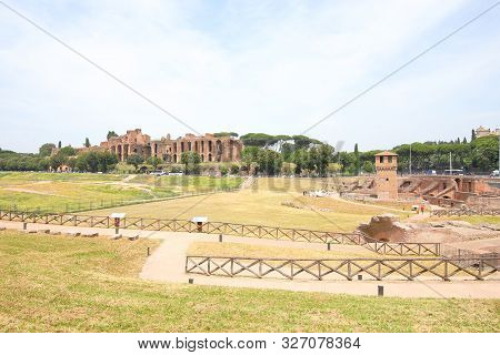 Rome Italy - June 14, 2019: Circo Massimo Chariot Racing Stadium Roman Ruin Rome Italy
