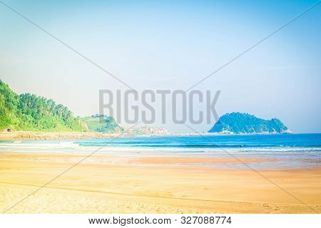 Zarauz City Beach And Getaria Coast, Pais Vasco, Spain, Toned