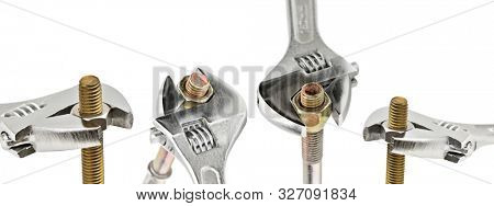 Set wrenches with bolts and nuts photographed from various angles isolated on white background.