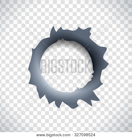 Bullet Hole In A Metal Material. Gunshot Trace Of A Buckshot Bullet.